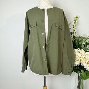 Muji Xinjiang Cotton Oxford Collarless Shirt Jacket | Olive Green | S–M
